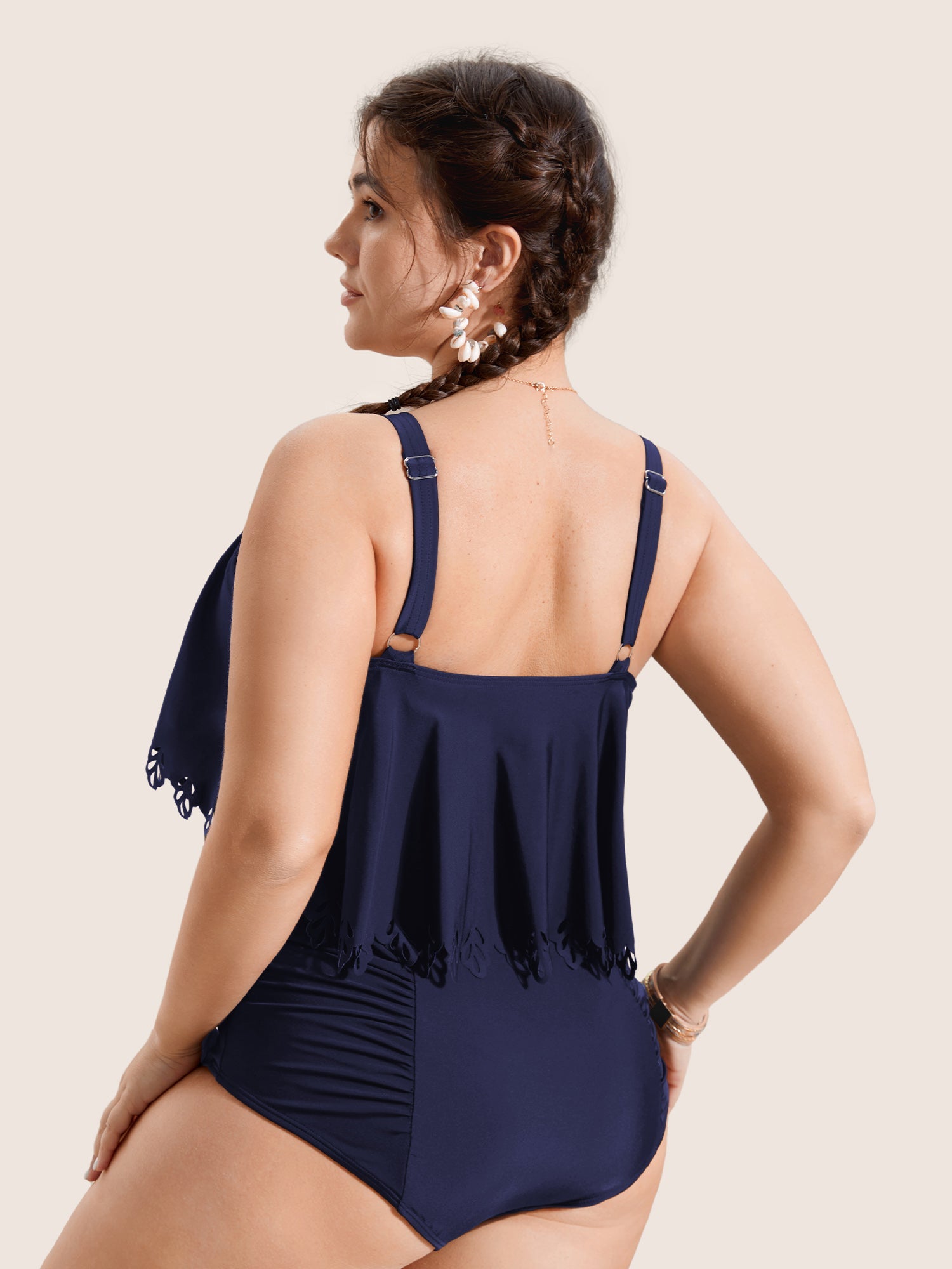 Solid Ruffle Trim Laser Cut Swim Top