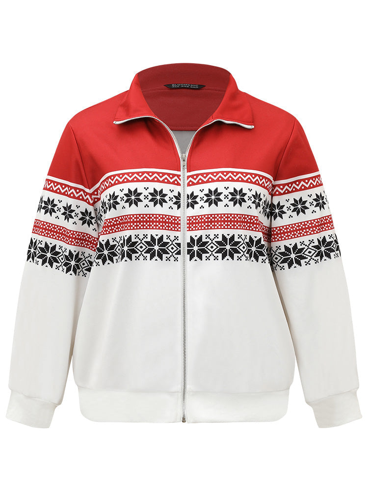Christmas Snowflake Zipper Contrast Jacket