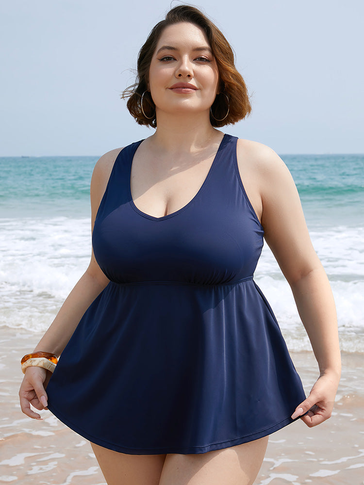 Plain Gathered Flutter Halter Neck Tankini Top