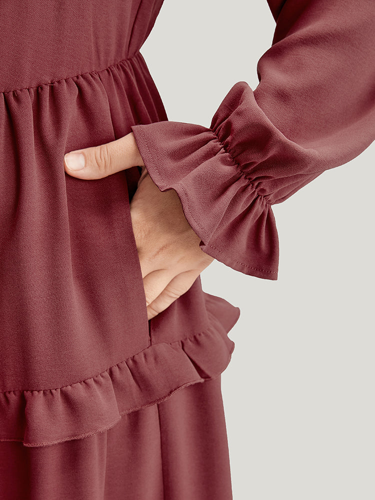 Solid Lantern Sleeve Pocket Ruffle Hem Dress