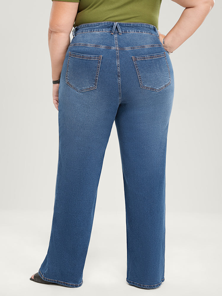 Wide Leg Moderately Stretchy High Rise Medium Wash Jeans