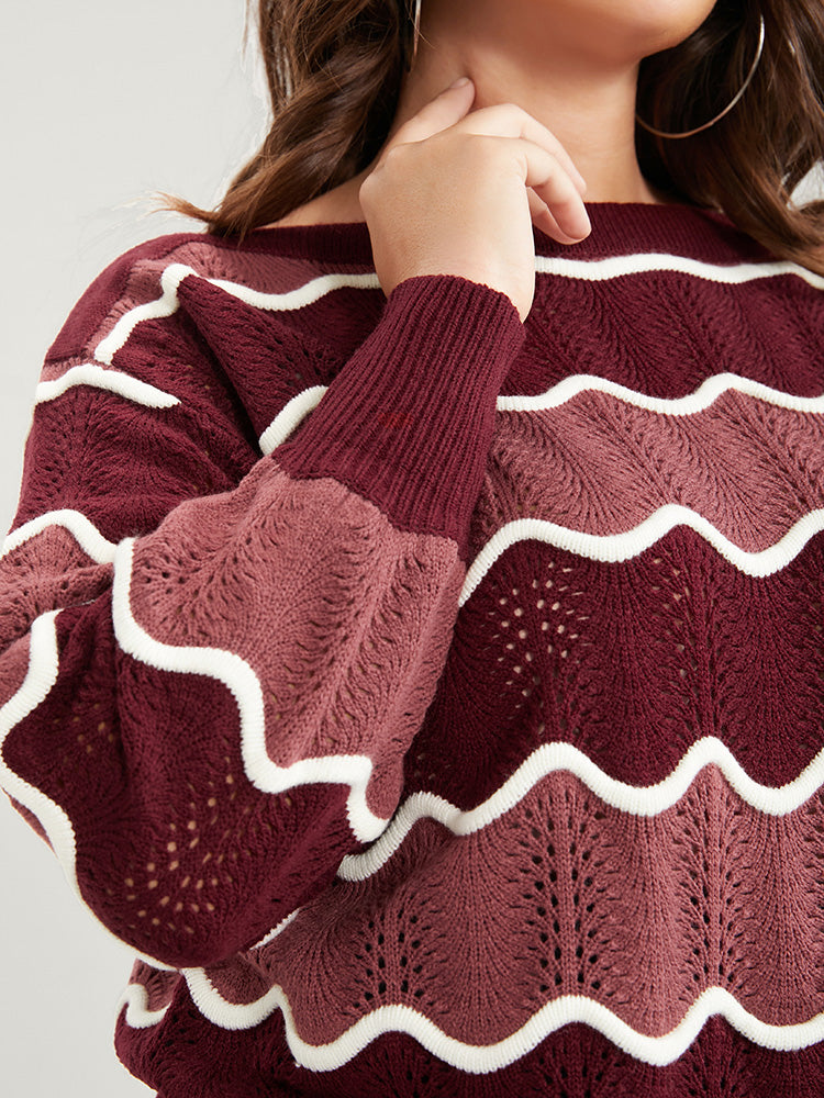 Colorblock Contrast Pointelle Knit Water Ripple Knit Top