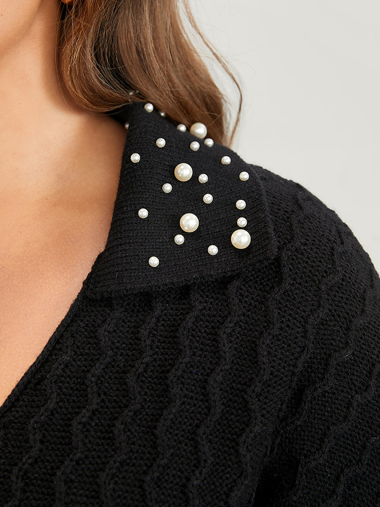 Solid Pointelle Knit Pearls Beaded Collar Neck Knit Top