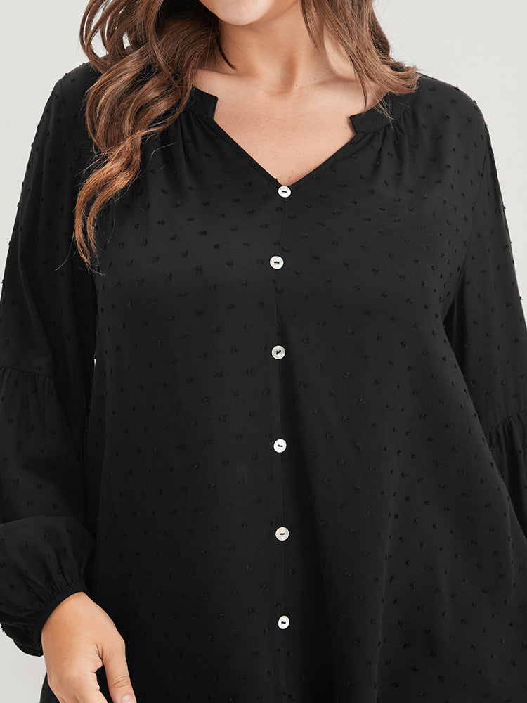 Solid  Button Lantern Sleeve Polka Dot Blouse