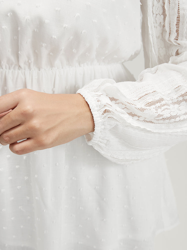 Solid Lace Patchwork Lantern Sleeve Blouse