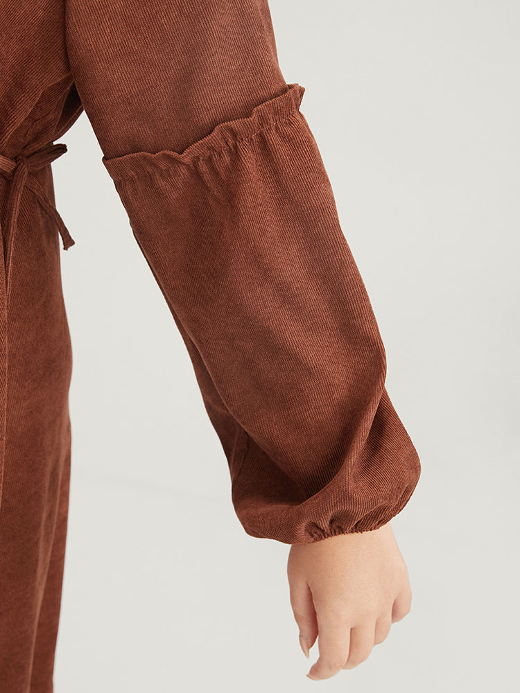 Solid Drawstring Pocket Button Detail Shirt Collar Corduroy Dress
