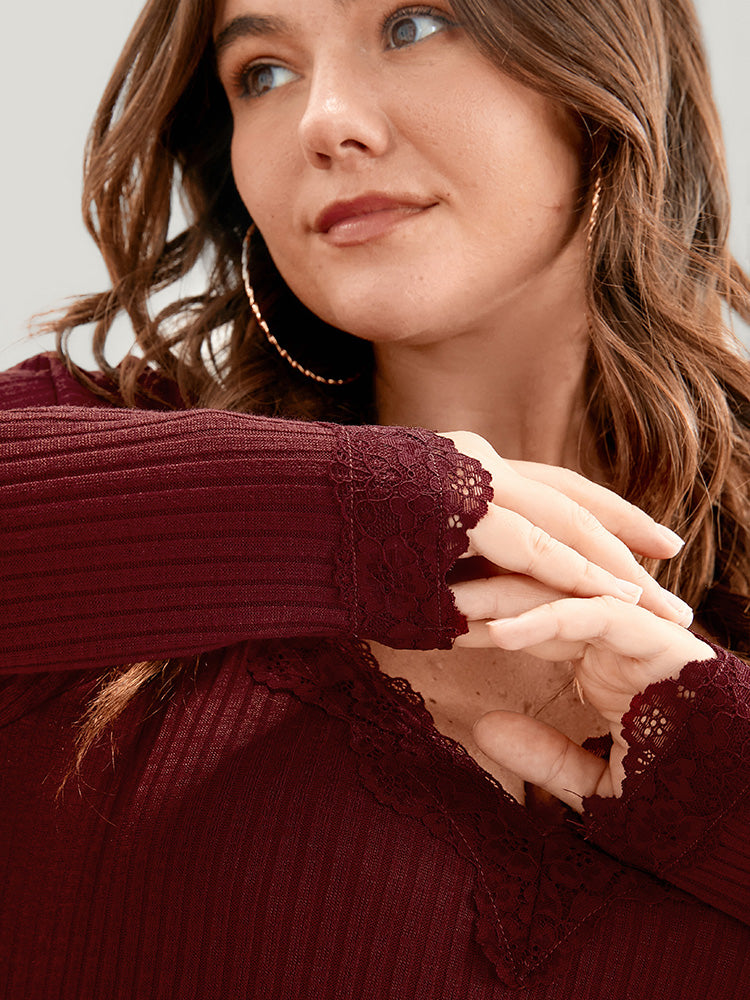 Solid Lace Trim Rib Knit Long Tee