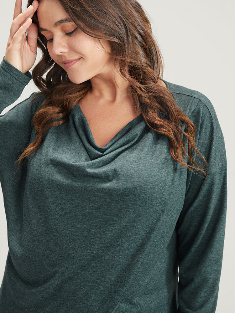 Solid Cowl Neck Asymmetrical Hem Long Tee