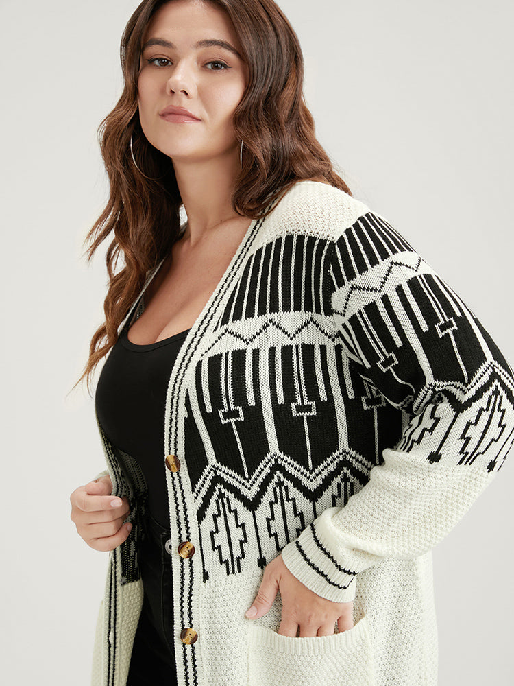 Geometric Knitted Jacquard Contrast Pocket Button Front Cardigan