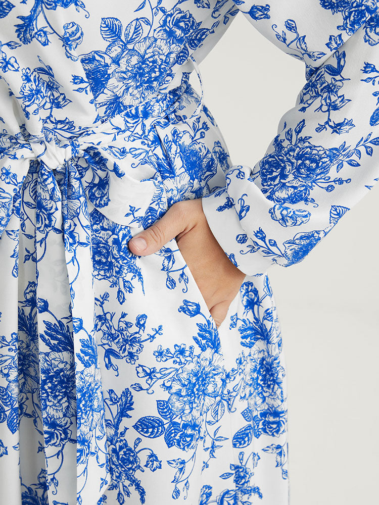 Floral Button Up Pocket Belted Lapel Collar Dress