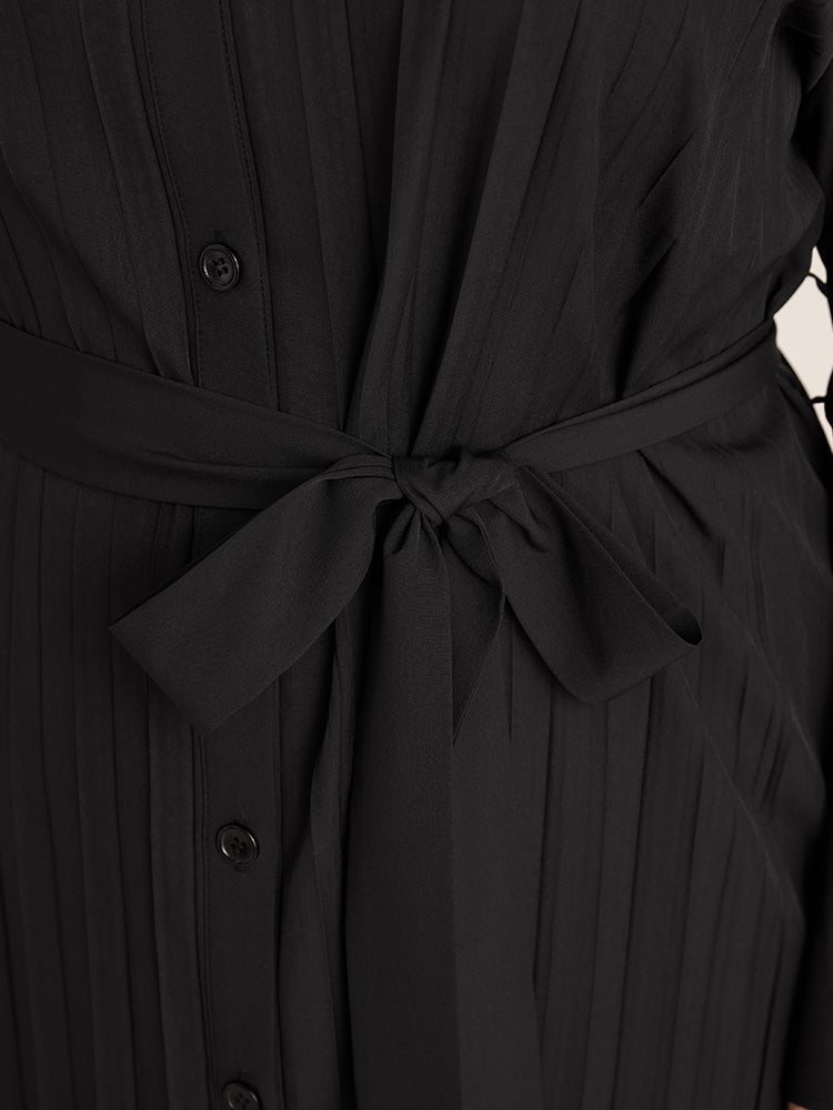Solid Belted Pleated Shirt Collar Dress