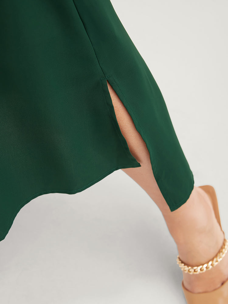 Solid V Neck Pocket Button Asymmetrical Flutter Hem Belted Dress