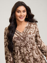 Floral Print Lace Trim V-Neck Midi Dress