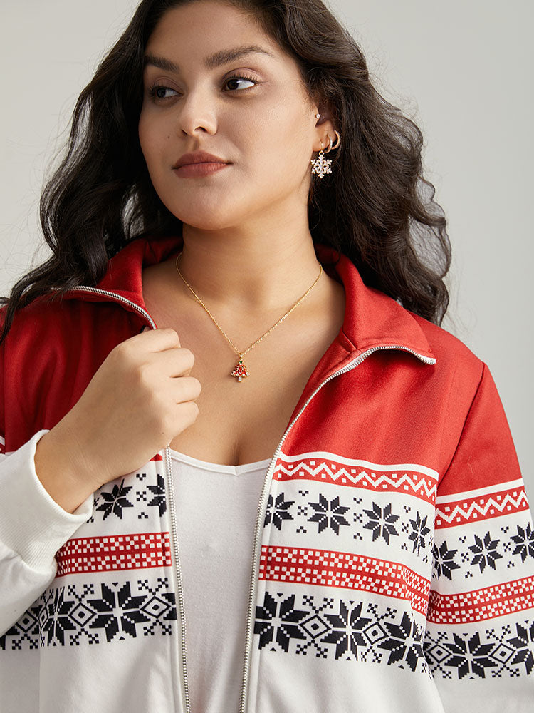 Christmas Snowflake Zipper Contrast Jacket