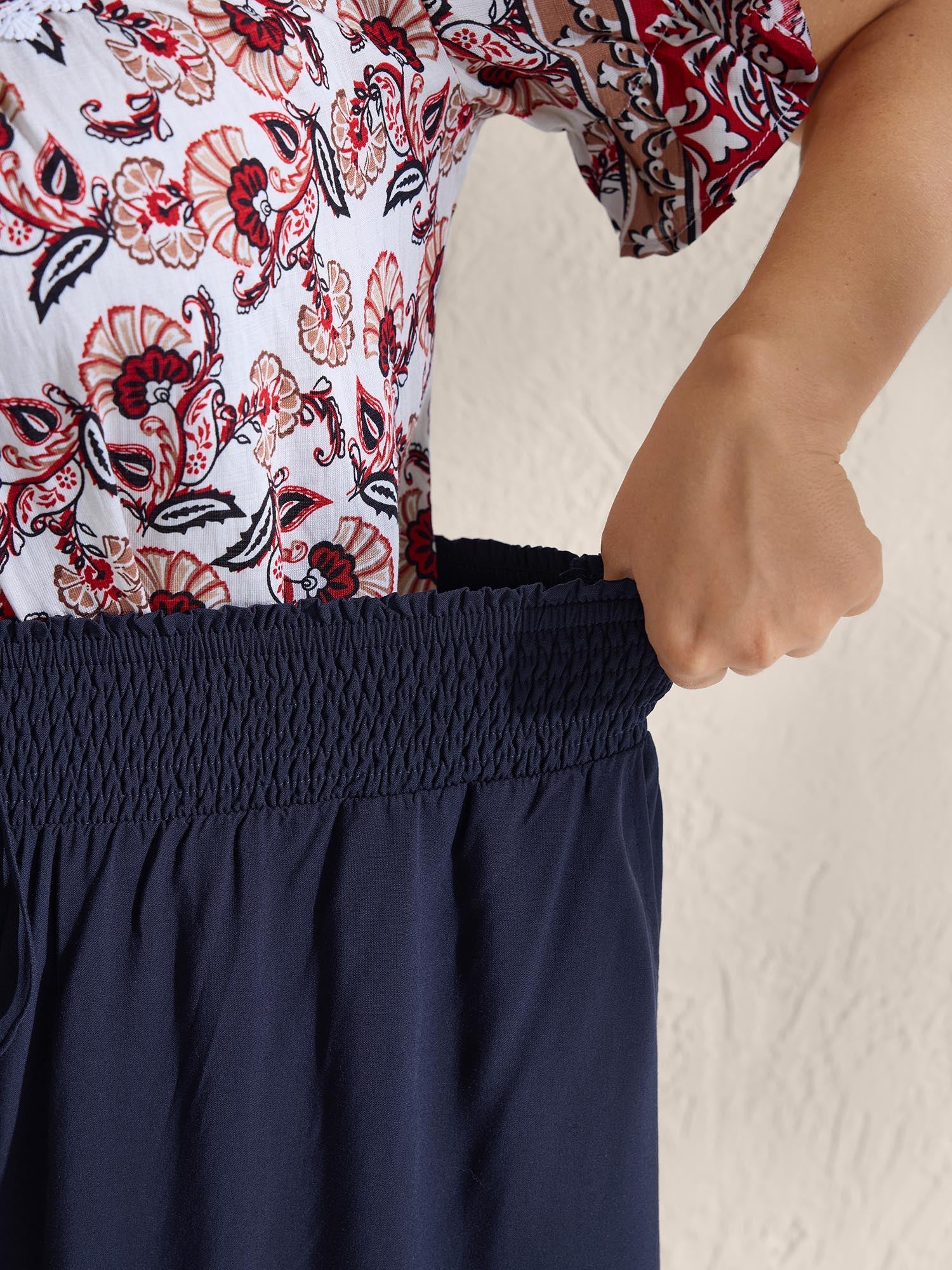 Shirred Waist Curvy Hem Wide-Leg Pants