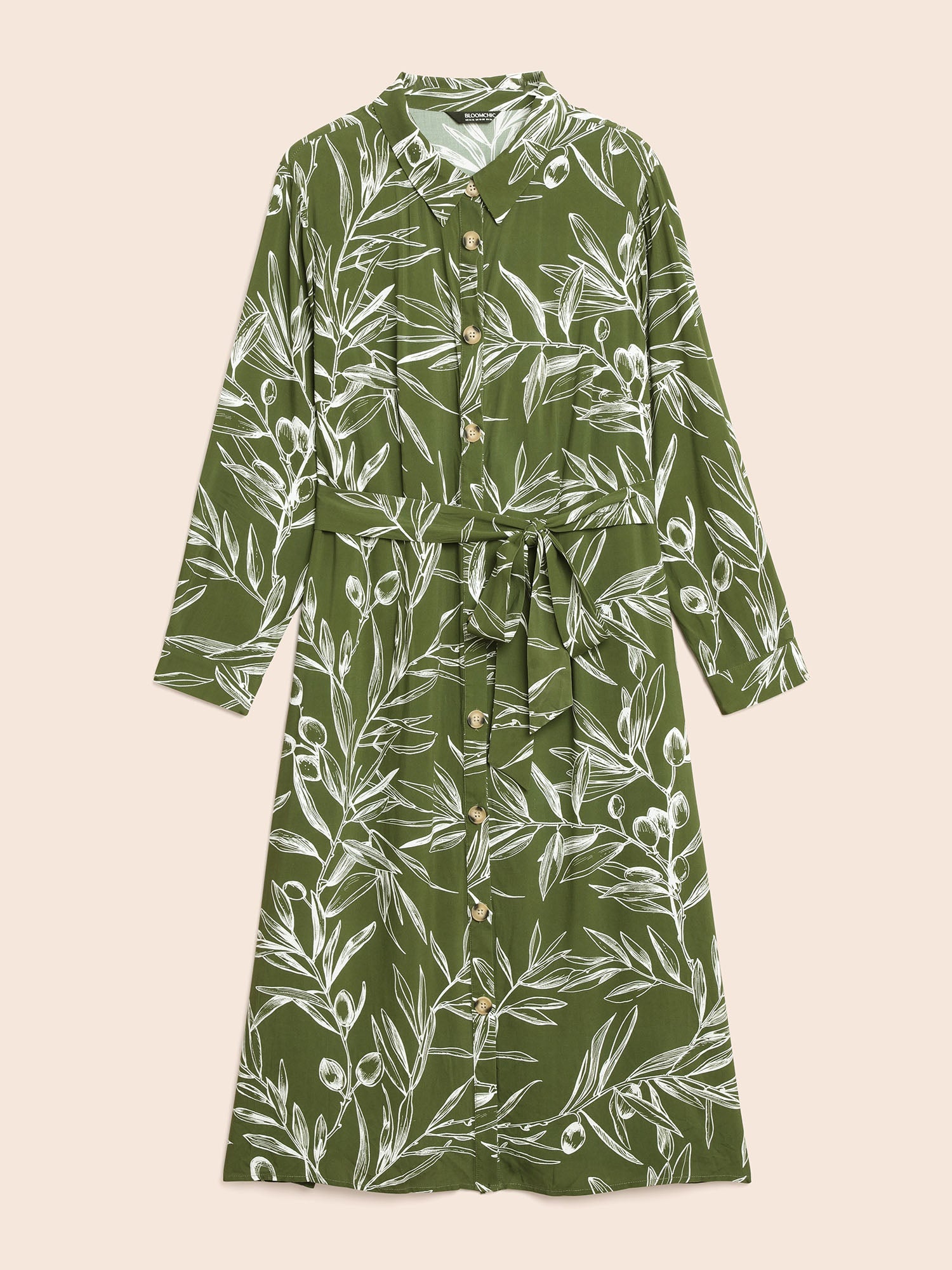 Shirt Collar Plants Print Belted Dress