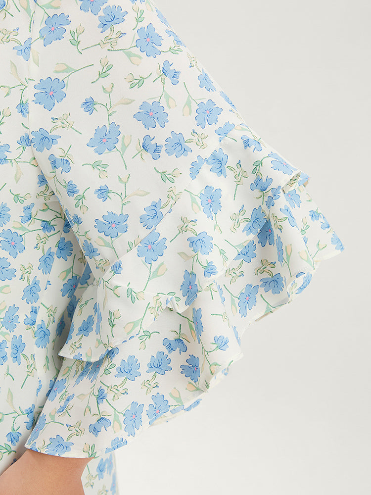 Floral Printed Knotted Front V Neck Ruffle Sleeve Blouse