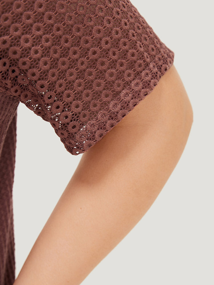 Plain Contrast Lace Raglan Sleeve Button Detail T-shirt