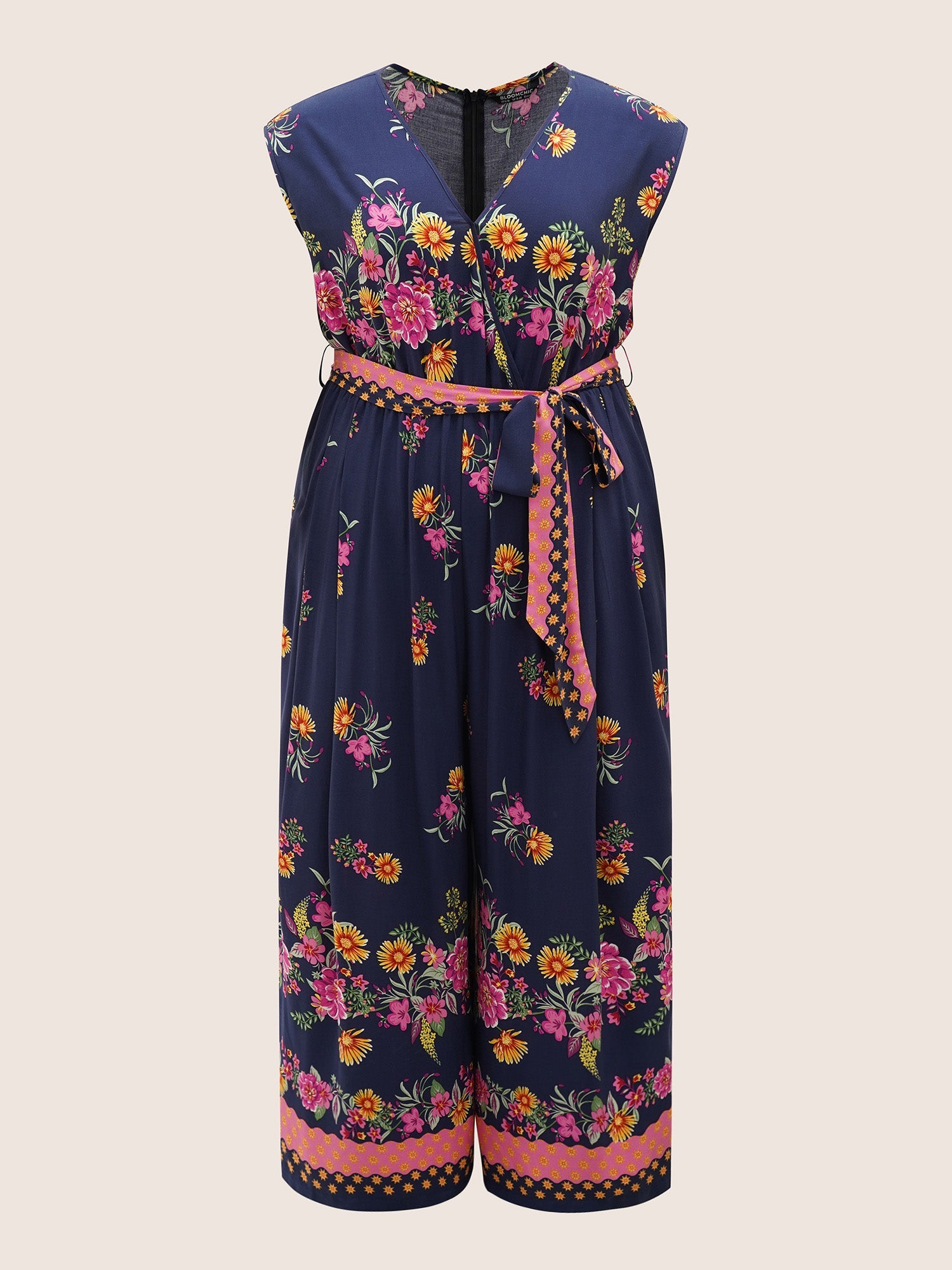 Boho Print Overlap Collar Belted Sleeveless Jumpsuit