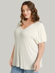 Solid Puff Sleeve V Neck T-shirt