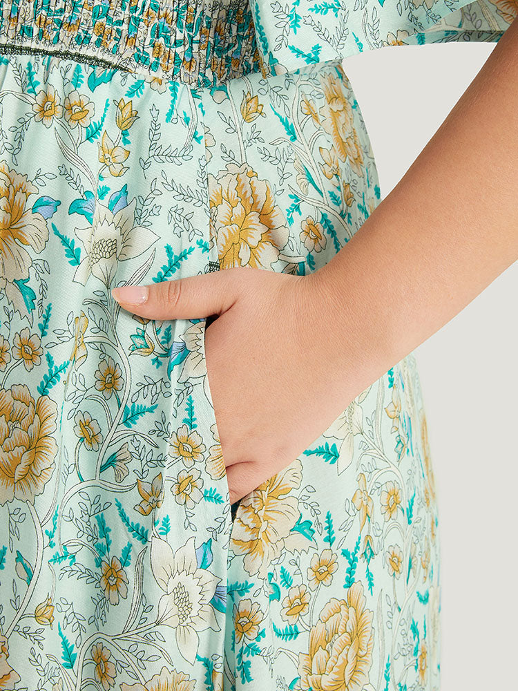 Floral Print Shirred Square Neck Dress