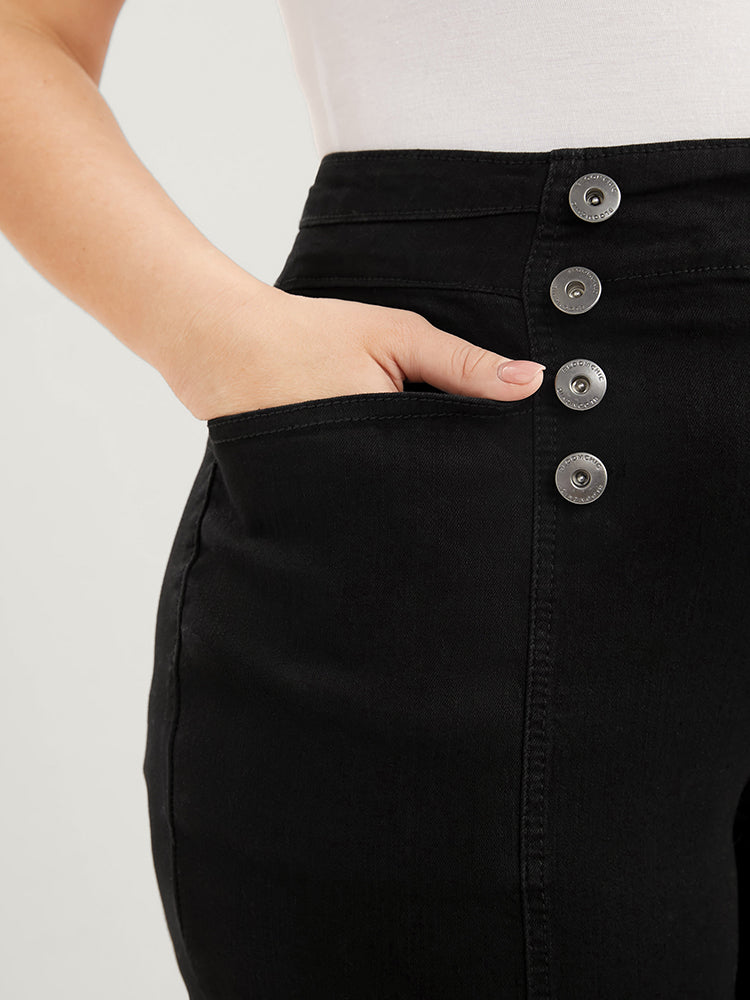 Skinny Slightly Stretchy High Rise Black Wash Button Detail Pocket Jeans