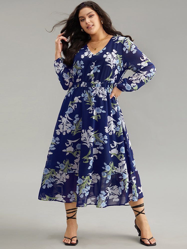 Floral Print Chiffon Pocket Elastic Waist Gathered Dress