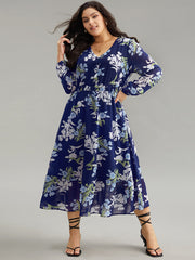 Floral Print Chiffon Pocket Elastic Waist Gathered Dress