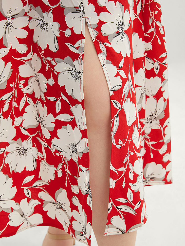 Floral Print Pocket Ruffles Trim Split Halter Maxi Dress