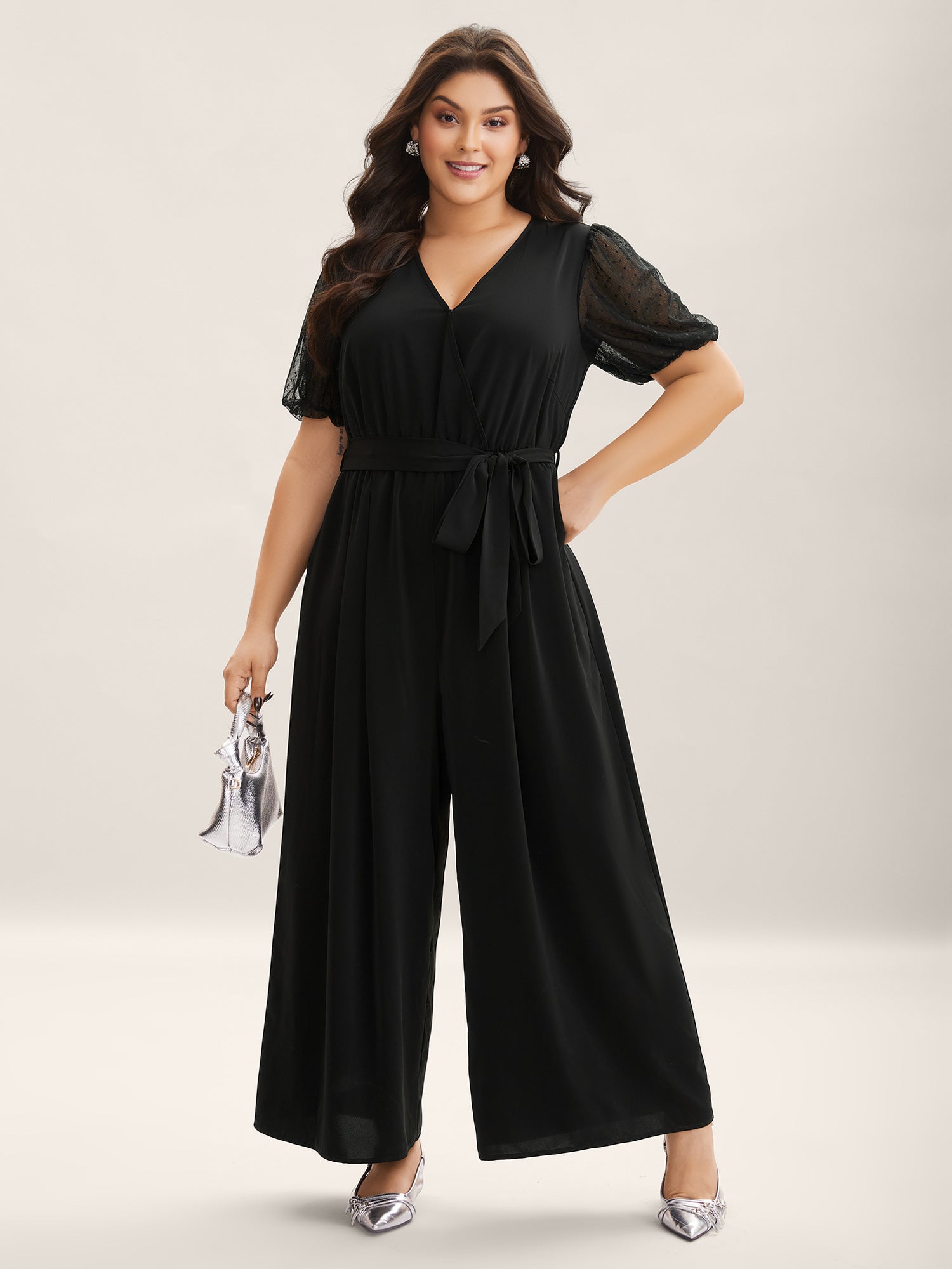 Sheer Stretchy Waist Belted Solid Jumpsuit