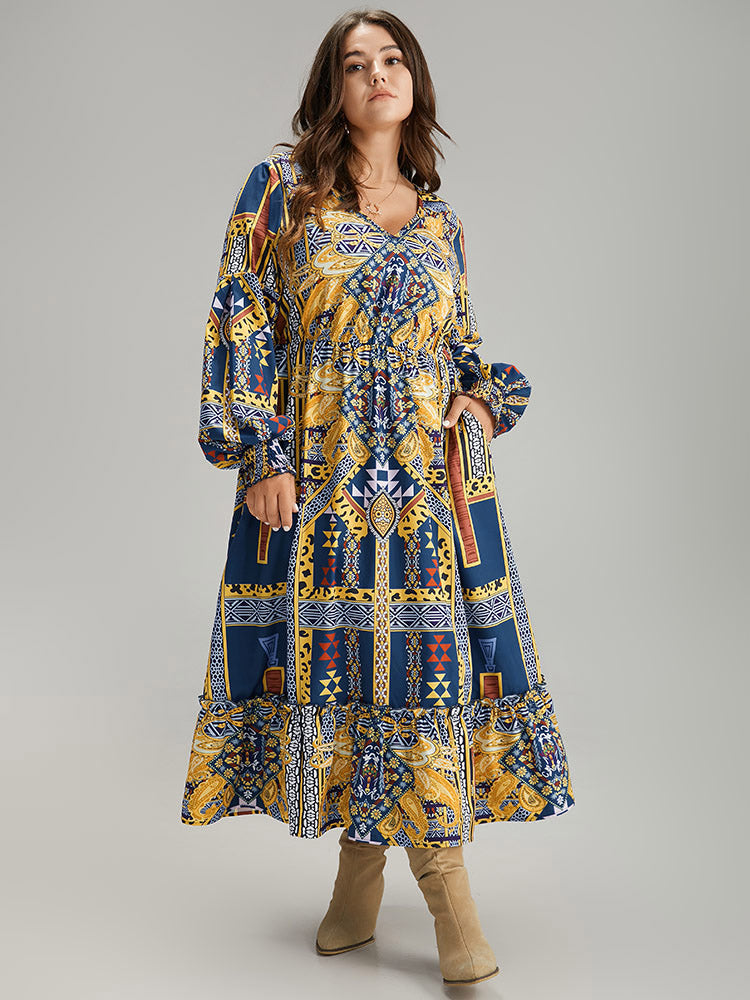 Boho Print Shirred Pocket Ruffle Hem Dress