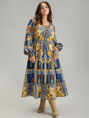 Boho Print Shirred Pocket Ruffle Hem Dress