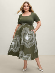 Abstract Print Contrast Shirred Waist Midi Dress