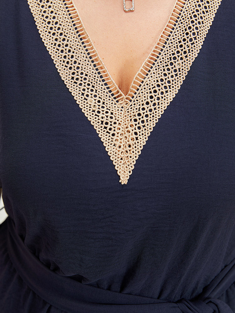 Solid Pocket Contrast Lace Belted Tank Romper