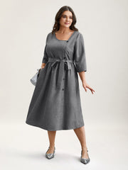 Asymmetrical Neckline Belted Pockets Midi Dress