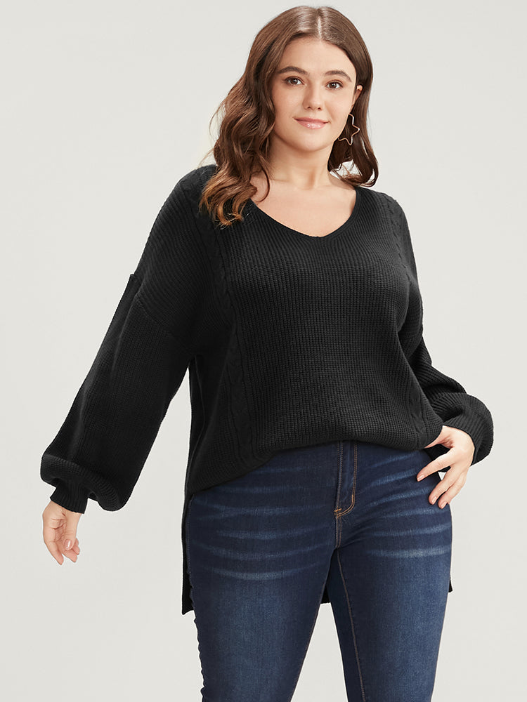 Solid Pointelle Knit Lantern Sleeve Cut Out Split Knit Top