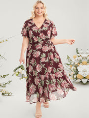 Floral Print Belted Surplice Neck Flutter Pocket Maxi Dress