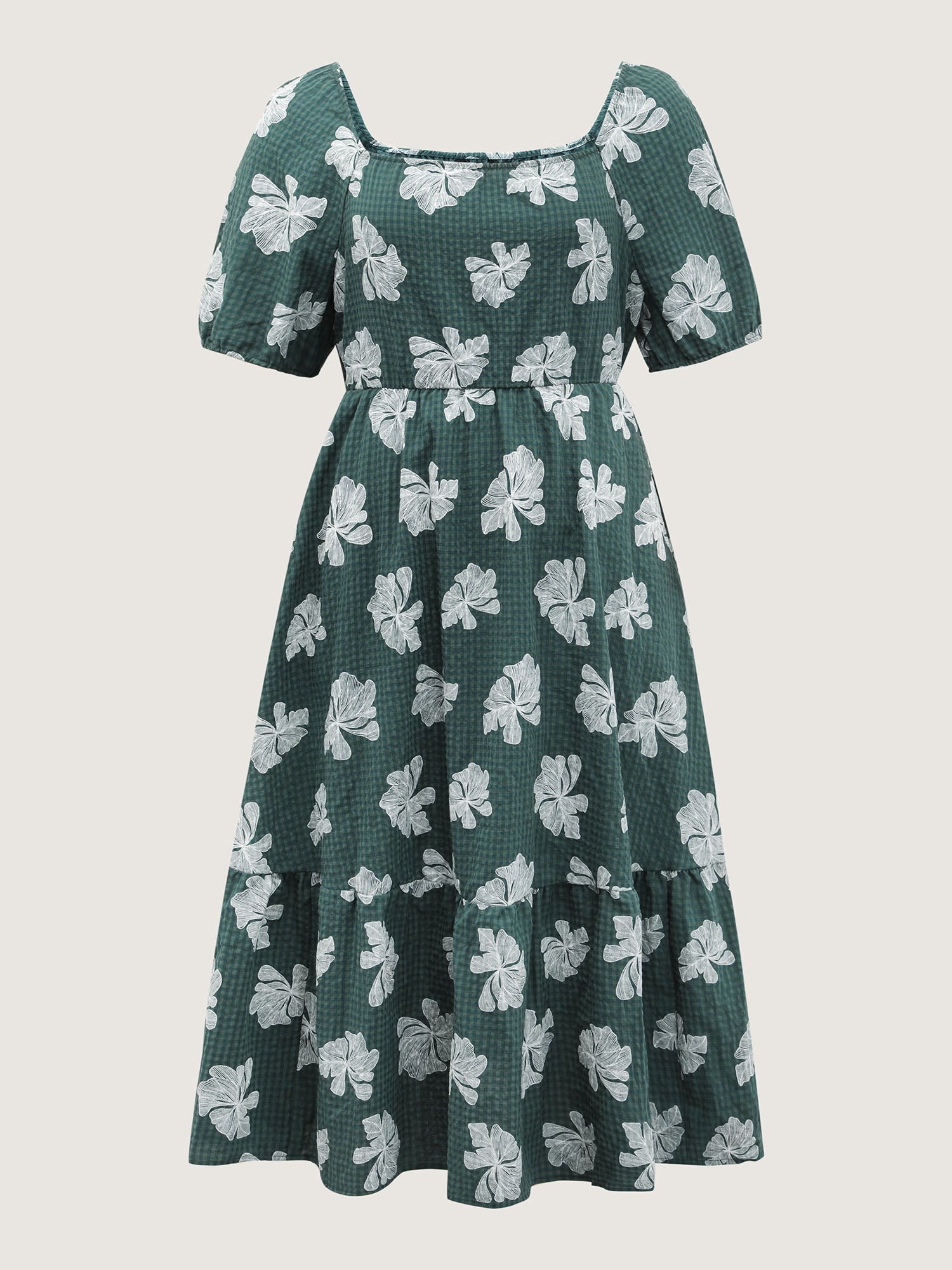 Floral Plaid Print Puffy Sleeve Midi Dress