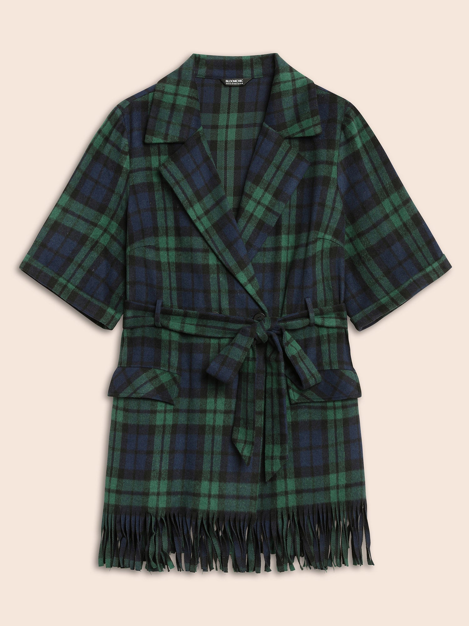 Plaid Tassel Trim Pocket Belted Jacket