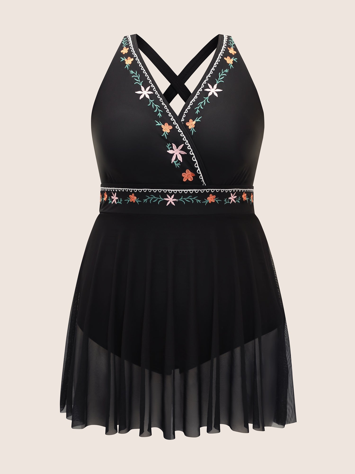 Floral Embroidered Overlap Collar Swim Dress
