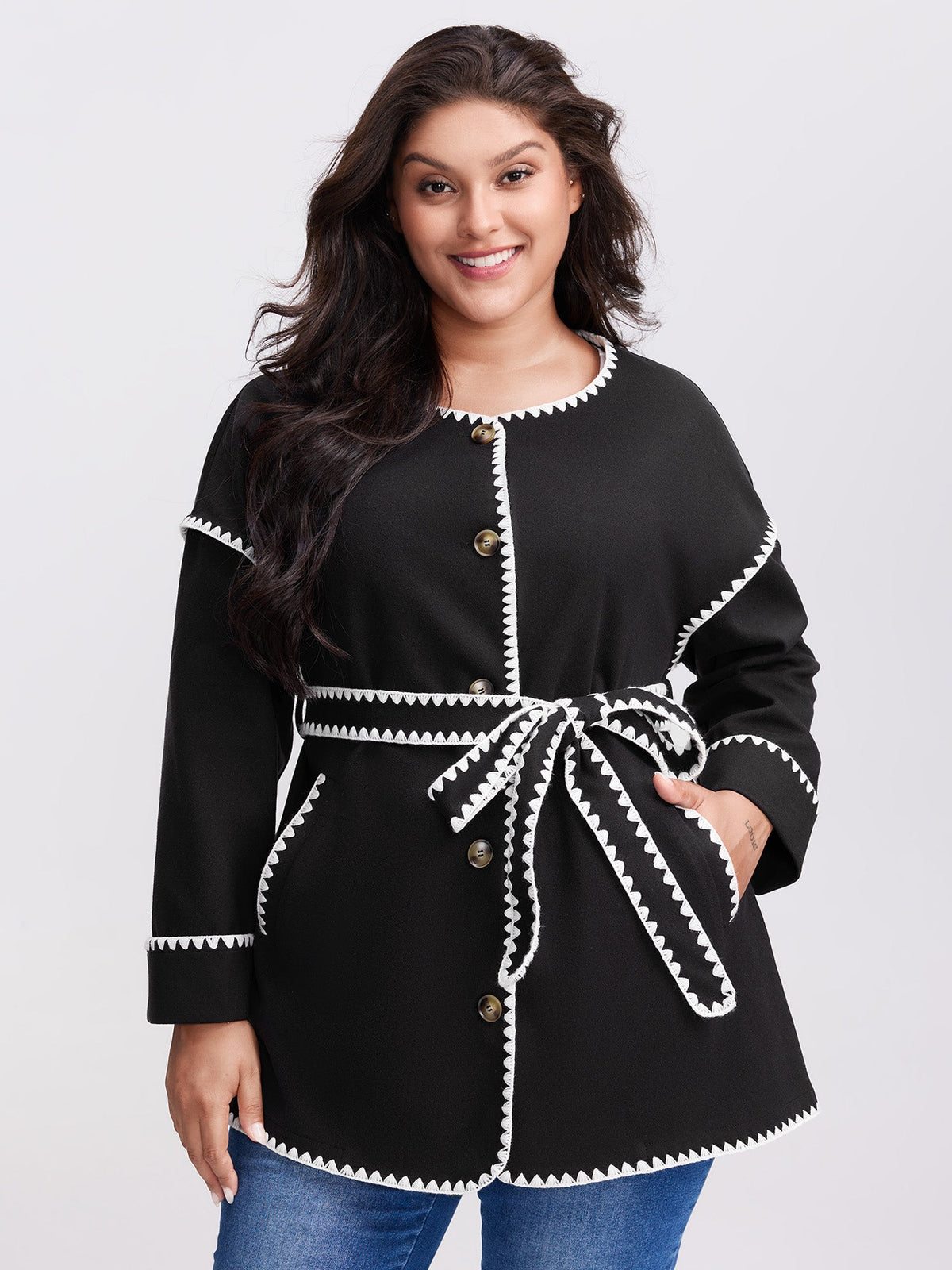 Overlock Stitch Color Contrast Belted Jacket