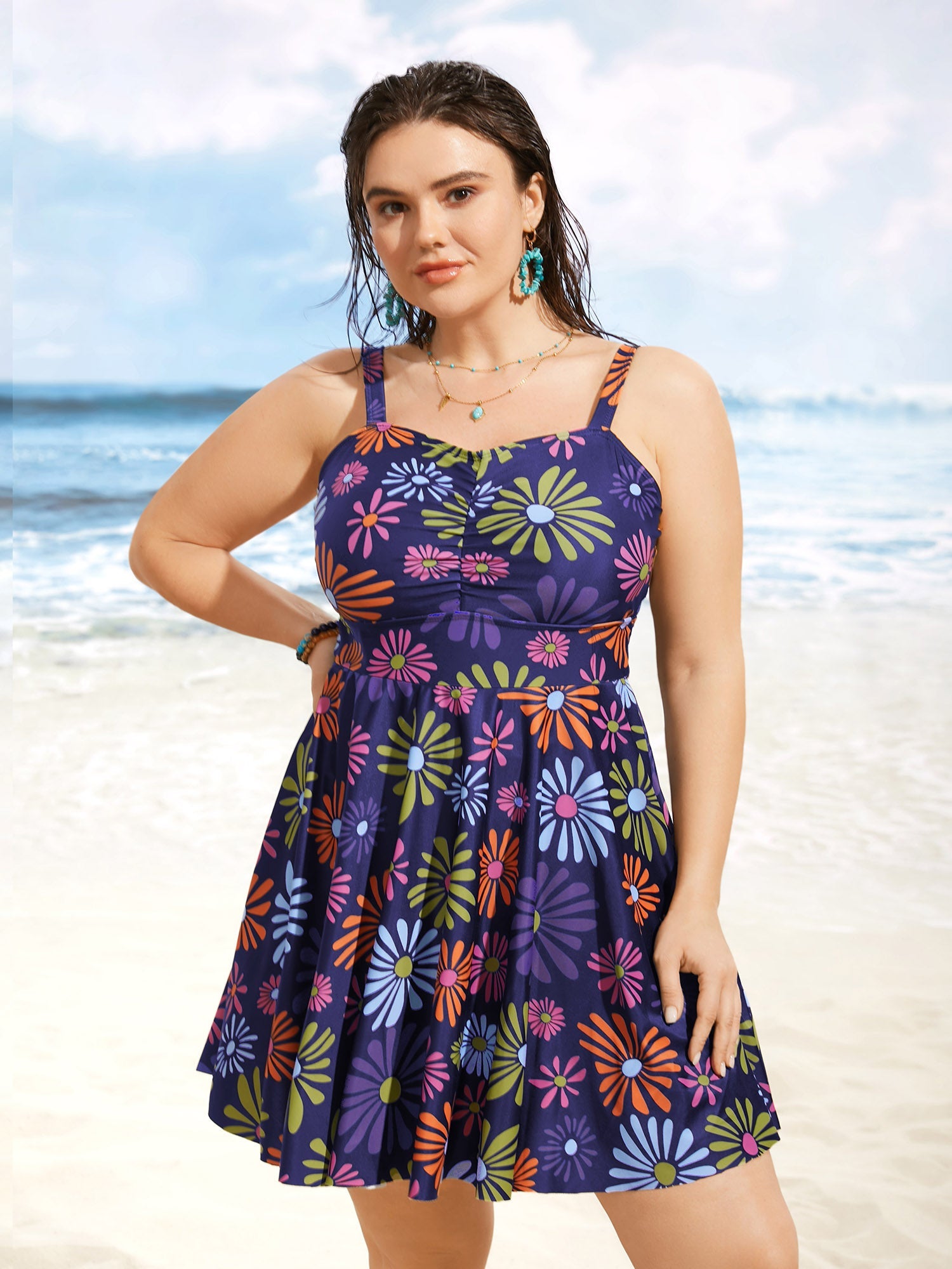 Floral Heart Neckline Ruched Swim Dress