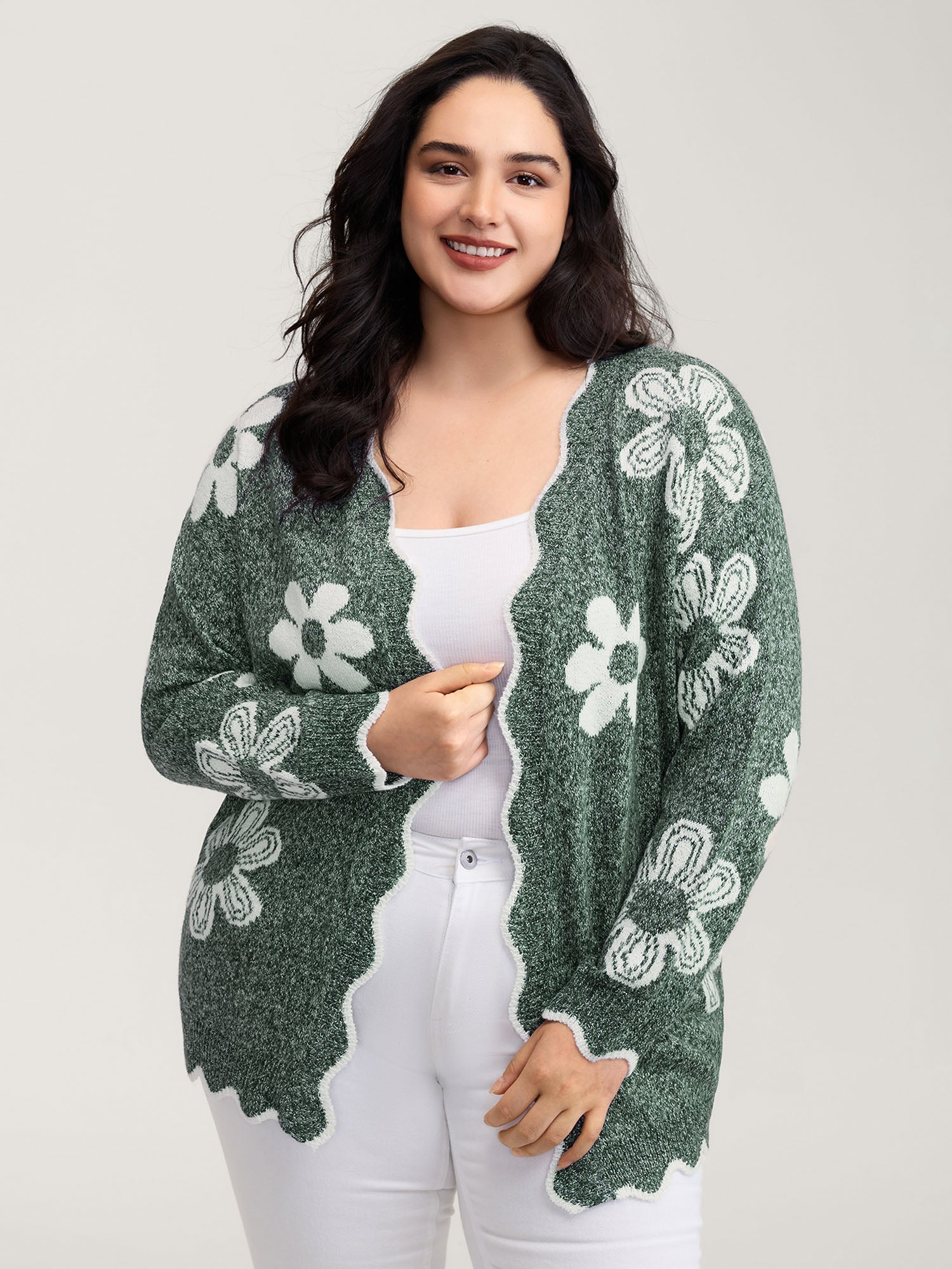 Floral Pattern Open-Front Knitted Cardigan