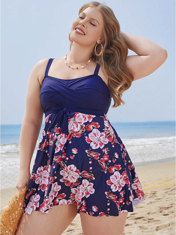 Floral Print Knotted Twist Front  A Line Swim Dress