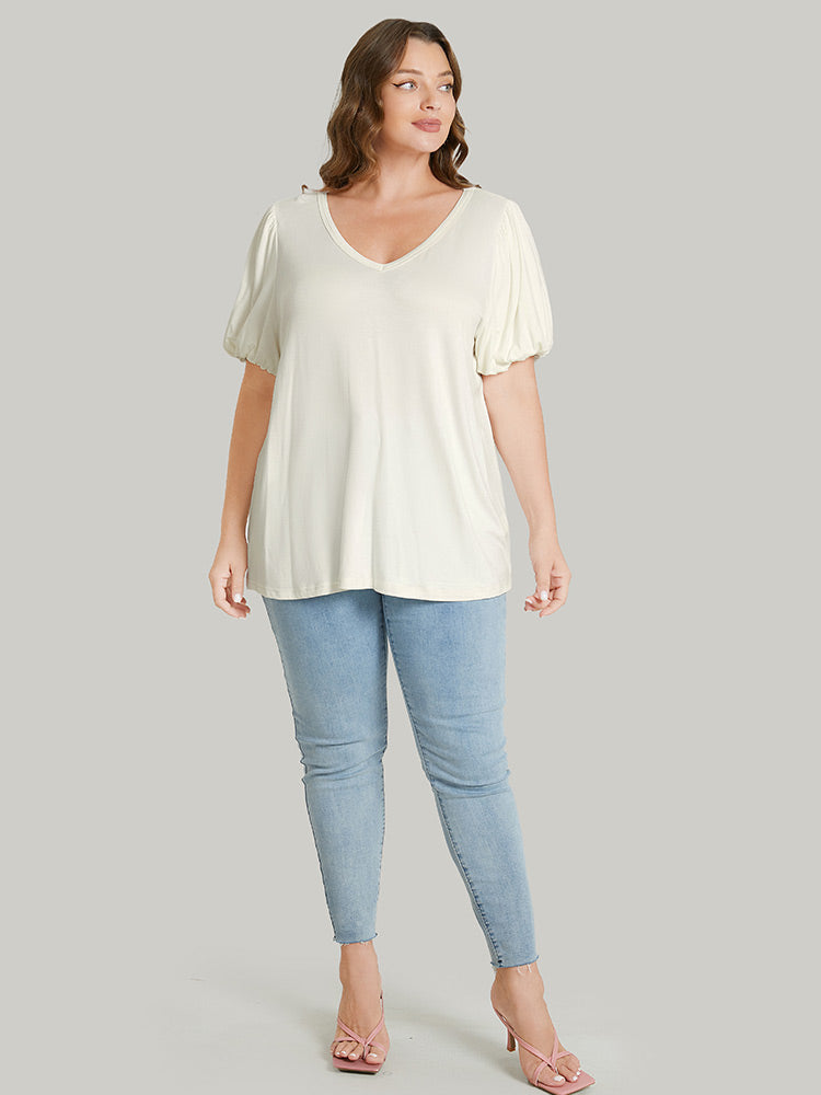 Solid Puff Sleeve V Neck T-shirt