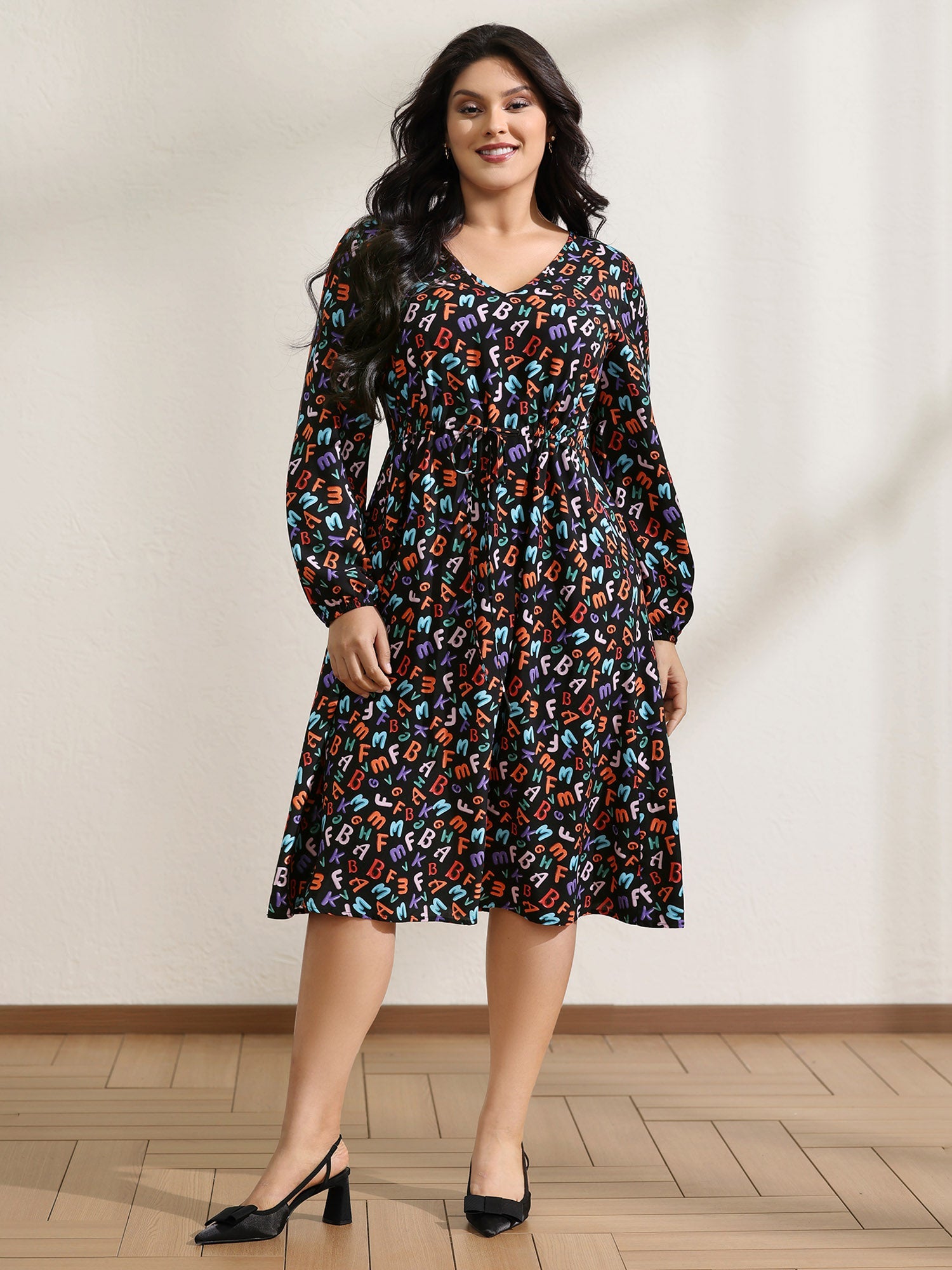 Alphabetical Print Drawstring Adjustable Waist Midi Dress