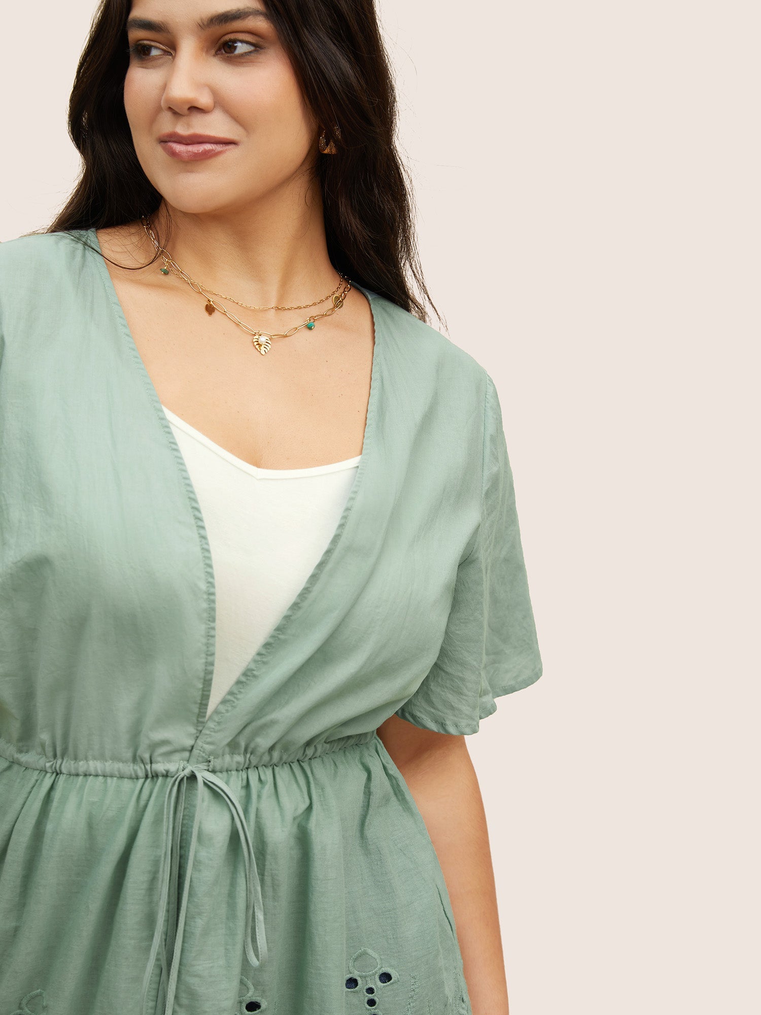 Plain Broderie Anglaise Drawstring Kimono