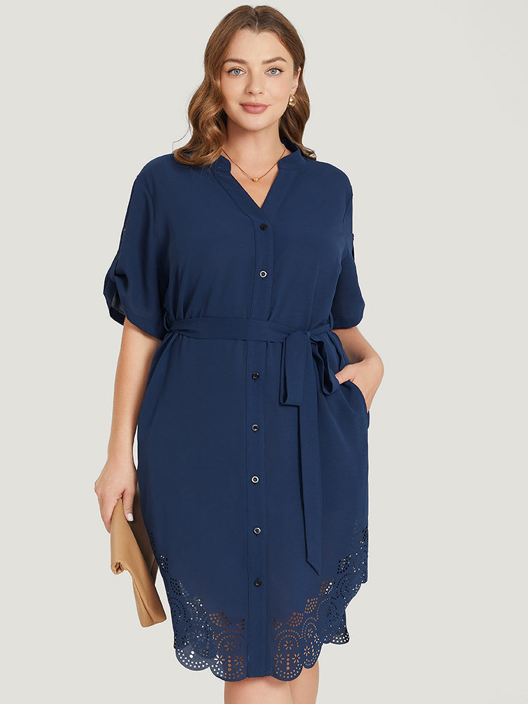 Solid Cuffed Sleeve Button Up Belted Laser Cut Arc Hem Dress