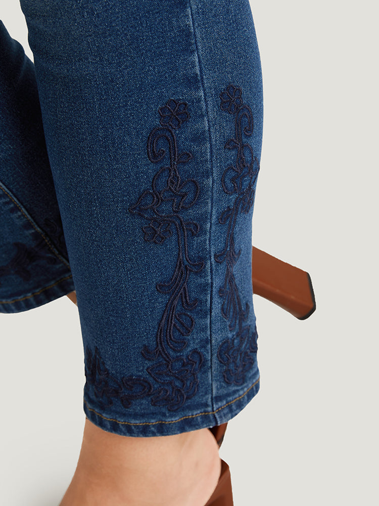 Floral Embroidered High Rise Dark Wash Jeans