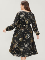 Floral Pocket Lantern Sleeve Belted Surplice Neck Dress